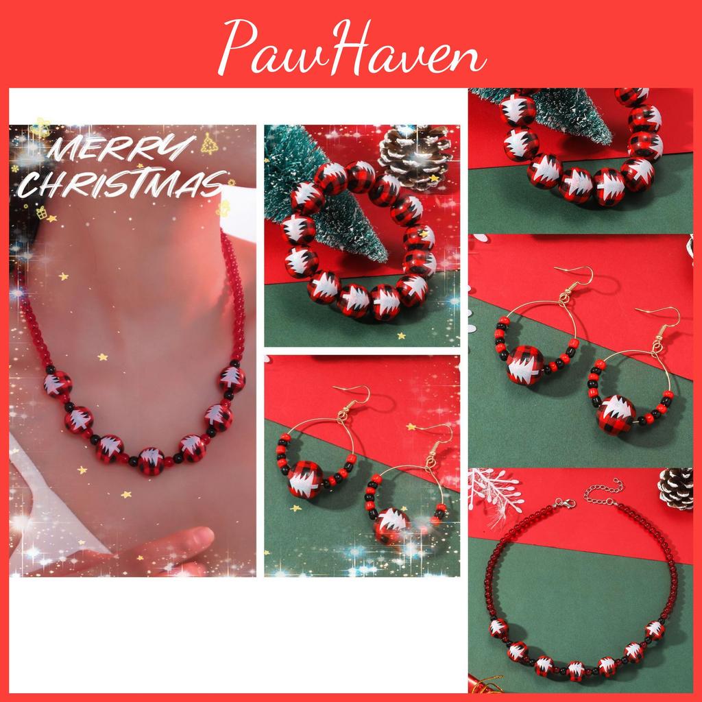 Creative And Fashionable Christmas Tree Printed Wood Bead Necklace Set Wholesale Accessories