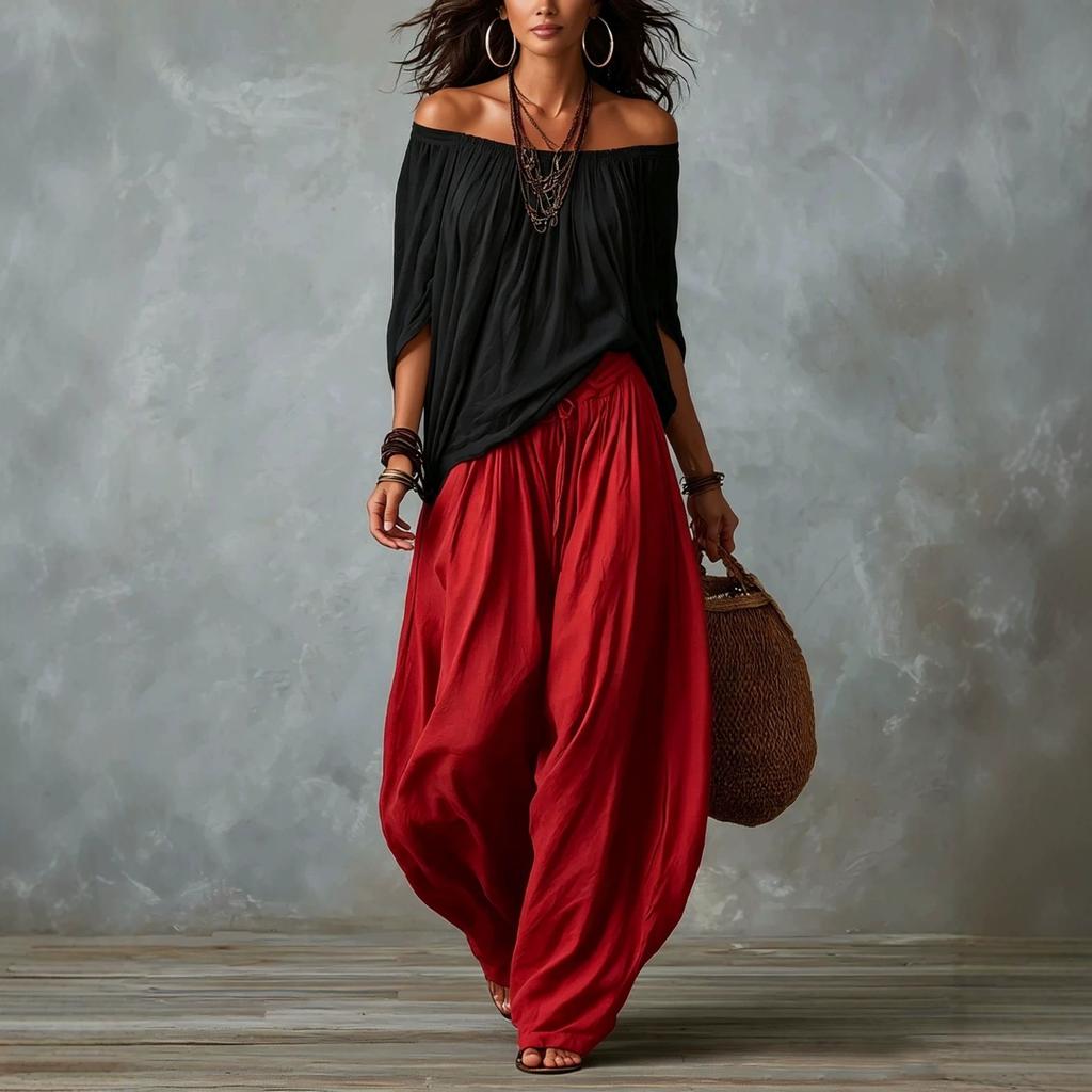 2026 new European and American style one-word shoulder T-shirt wide-leg pants set women's fashion elegant two-piece set long-sleeved casual pants