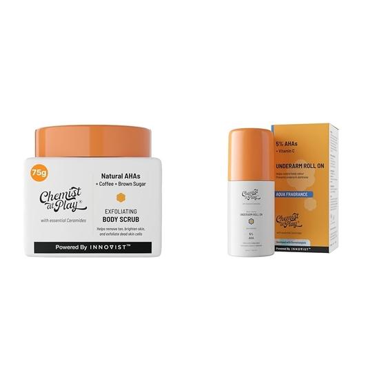 Chemist At Play Exfoliating Body Scrub For Removing Tan & Dead Skin Cells For Men & Women | 75g UnderArm Roll-On with 5% AHA | SLS Free | 40ml