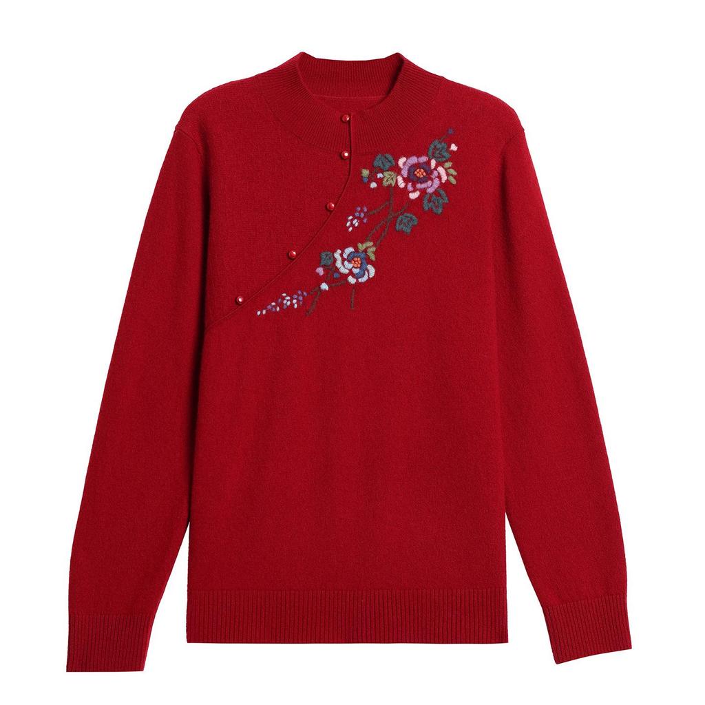 Elegant 100% Wool Embroidered Sweater - Women's Autumn/Winter Half-High Neck Top