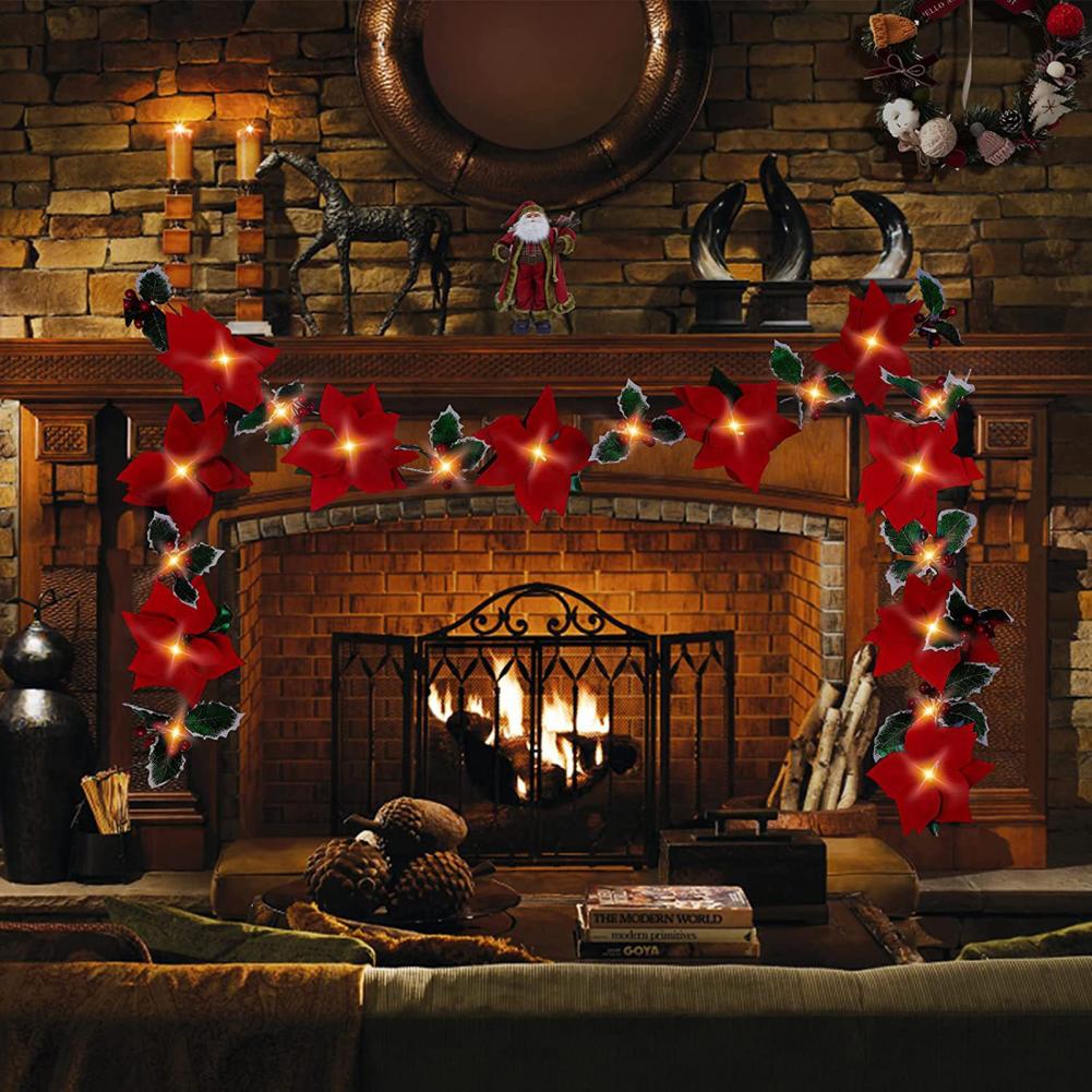 Fireplace String Light Garland LED Warm Light Wireless Christmas Wreath Garland with Flowers Holiday Decoration