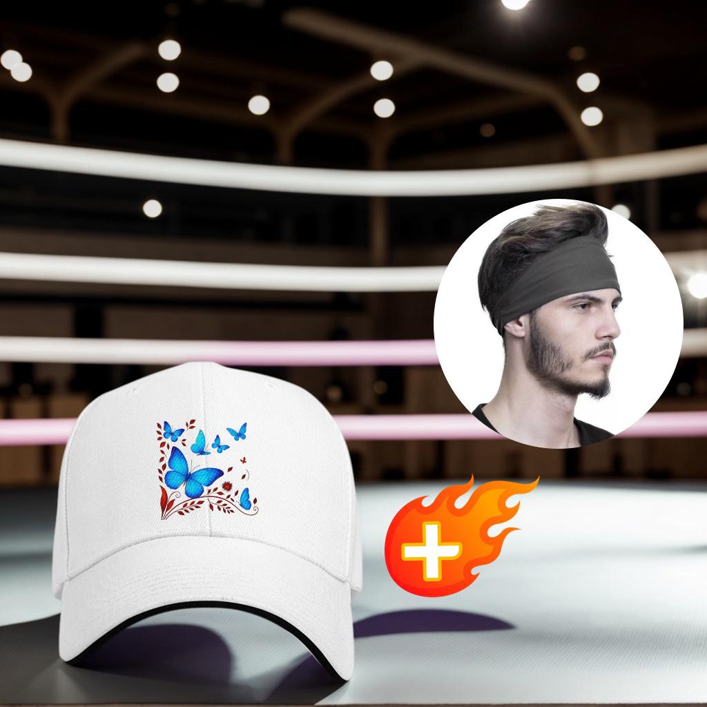 Blue Butterfly Floral Print Baseball Cap Adjustable Polyester Casual Dad Hat for Unisex Adults