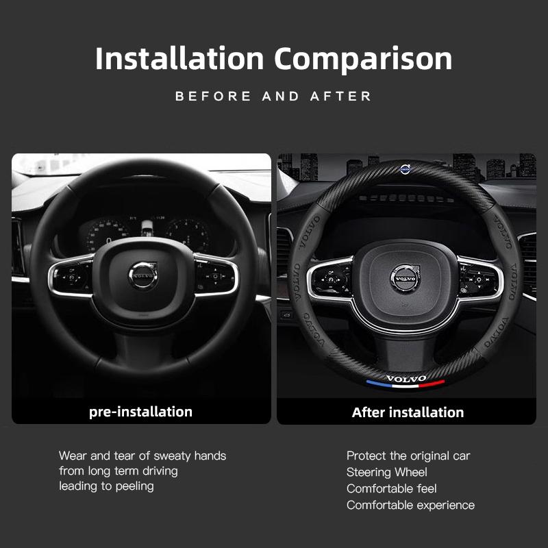 38cm Carbon Fiber Leather Car Steering Wheel Cover For Volvo V60 V40 XC90 S60 C30 V50 V70 S90 Auto Interior Accessories Keychain
