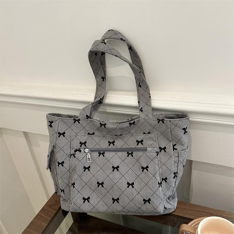 Bow Pattern Commuting Bag Corduroy Handbag Large Capacity Women Tote Bag Multi-pockets Fashion Shoulder Bag Casual Underarm Bags