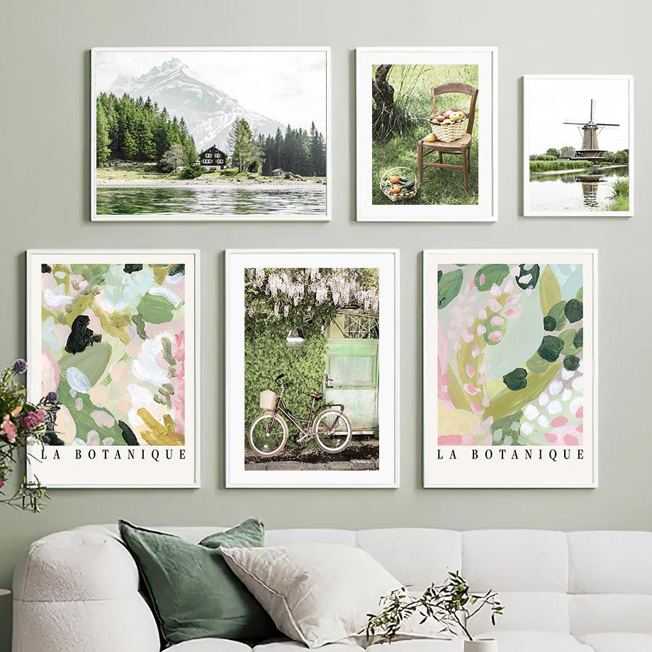 Câmp verde Natură primăvară plantă moara de vânt botanică mașină pictură pe pânză fermă poster artă perete imagine pentru camera de zi decor acasă