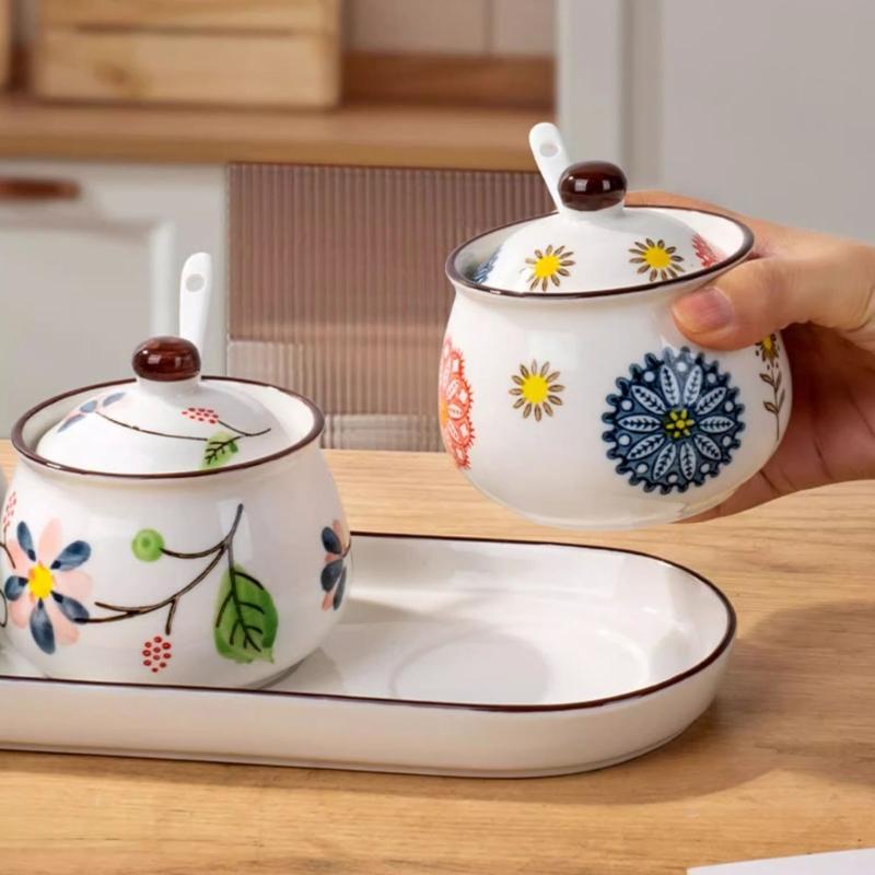 4 Piece Ceramic Spices Container Set Includes Decorative Tray Durable Kitchens Organizers for Spices Condiments