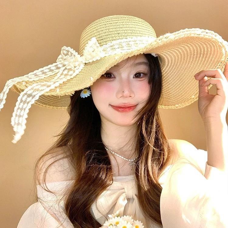 French Lace Bow Summer Wide Brim Hat For Sun Protection Beach Vacation Fans