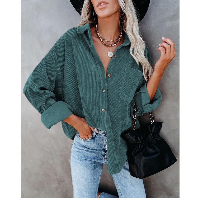 Damer Casual Manchestervårdblus Randig Damer Skjortjacka Vintage Knapp Ficka Lös Mode Blusar Toppar Plus Size