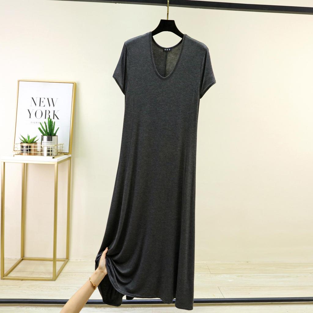 Women's Modal Short-Sleeve Long Summer Dress - Loose, Casual Plus Size Home & Outdoor Wear