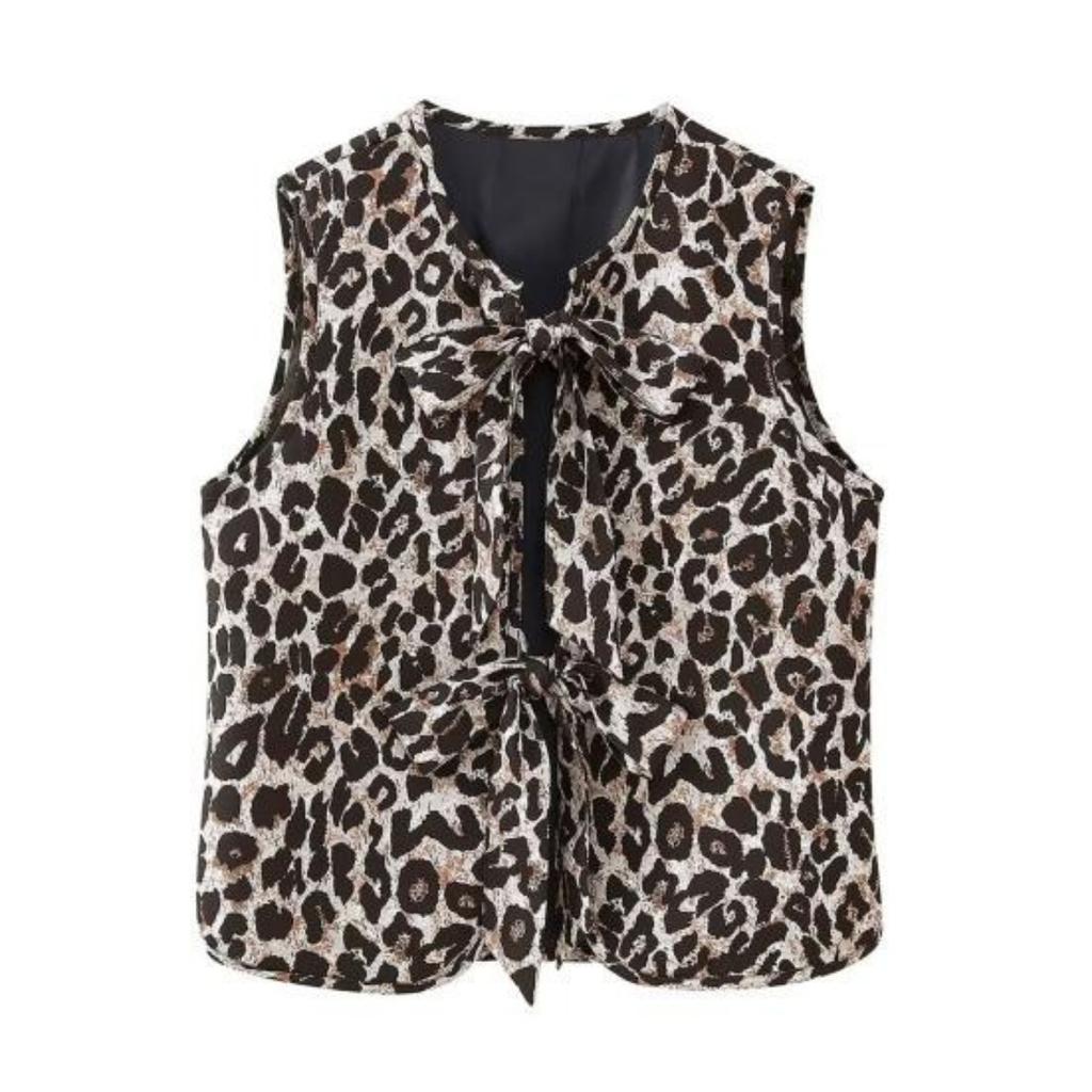 Kamizelka damska sznurowana, z węzłem dekoracyjnym, nadrukiem w panterkę, dopasowana, bez rękawów, swobodny, okrągły dekolt, kardigan, damska kamizelka, klubowa, imprezowa, codzienna góra