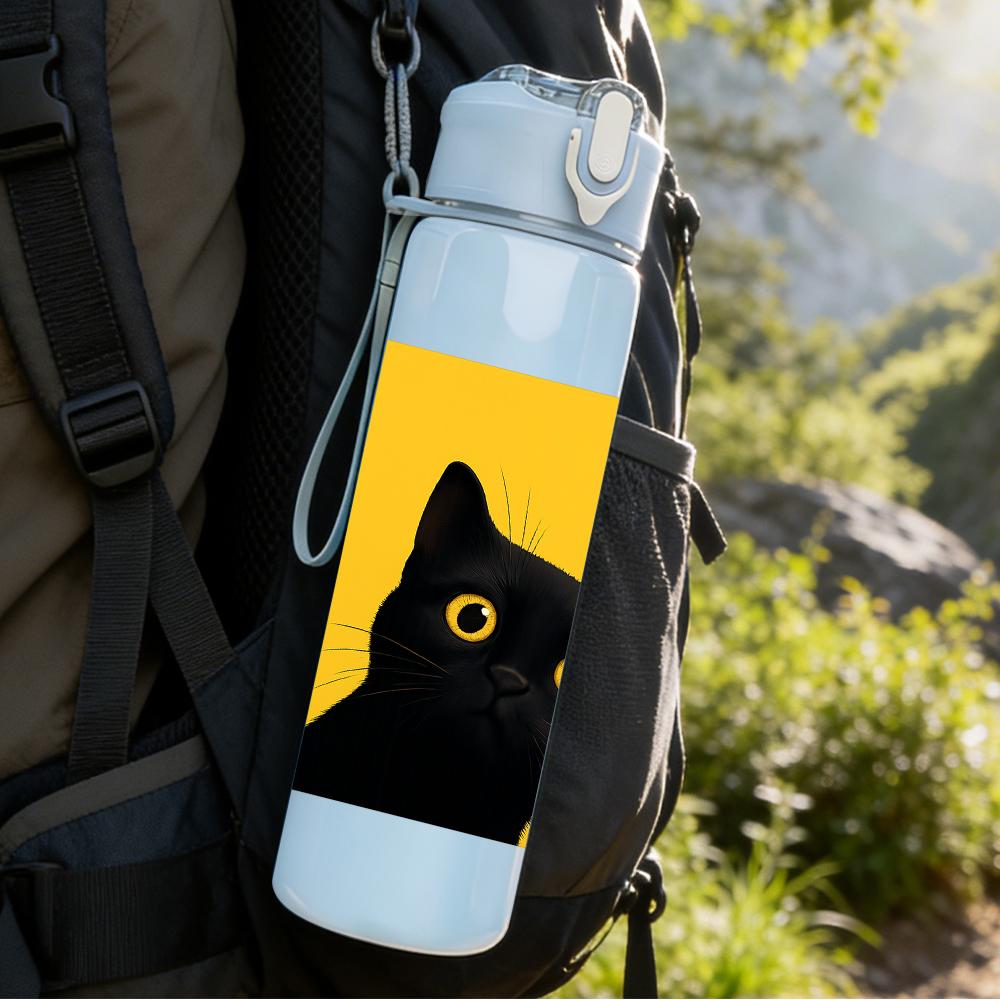 1PC Yellow Background Black Cat 750ml Color Plastic Sports Water Bottle Leakproof Flip Straw Lid For Sports Office Home Use
