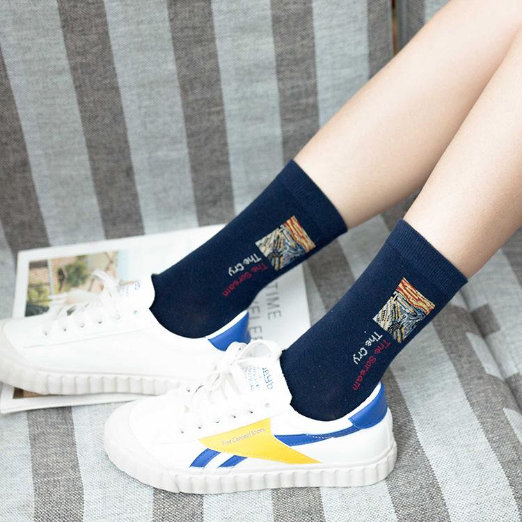 Women's Mid-Calf Cotton Socks: European & American Famous Painting Cartoon Design - Perfect for Autumn/Winter Casual or Sports Wear.