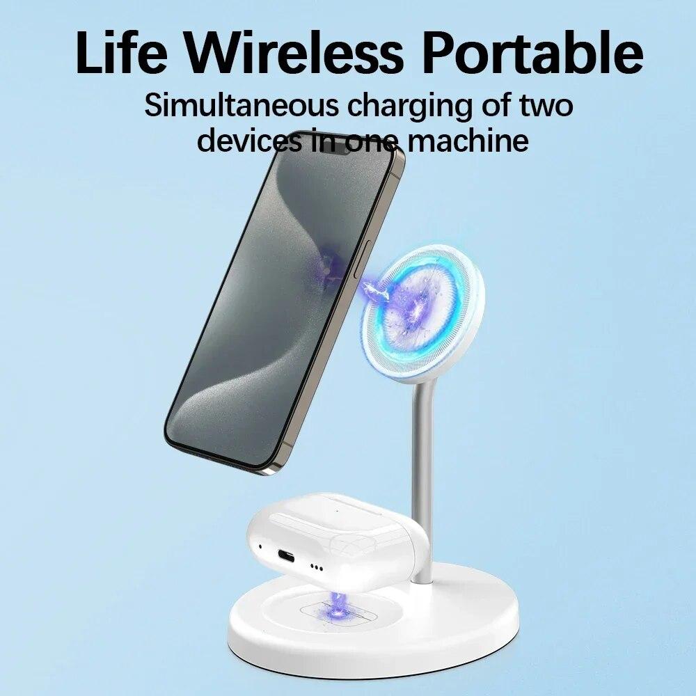 2 In 1 Magnetic Wireless Charger Stand 15W Phone Charging Station Dock For iPhone 15 14 13 12 Pro Max AirPods Fast Chargers