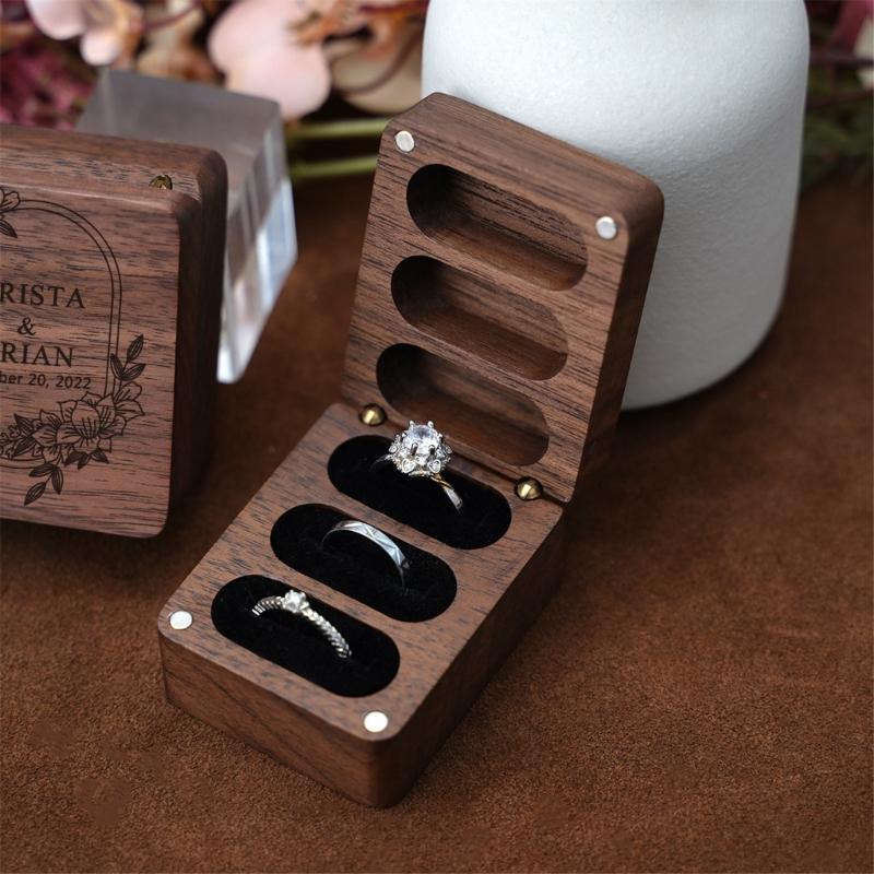 Rings Container Solid Walnut Wood Wedding Ring Storage Organizer Jewelry Box with Velvets Interior for Engagement