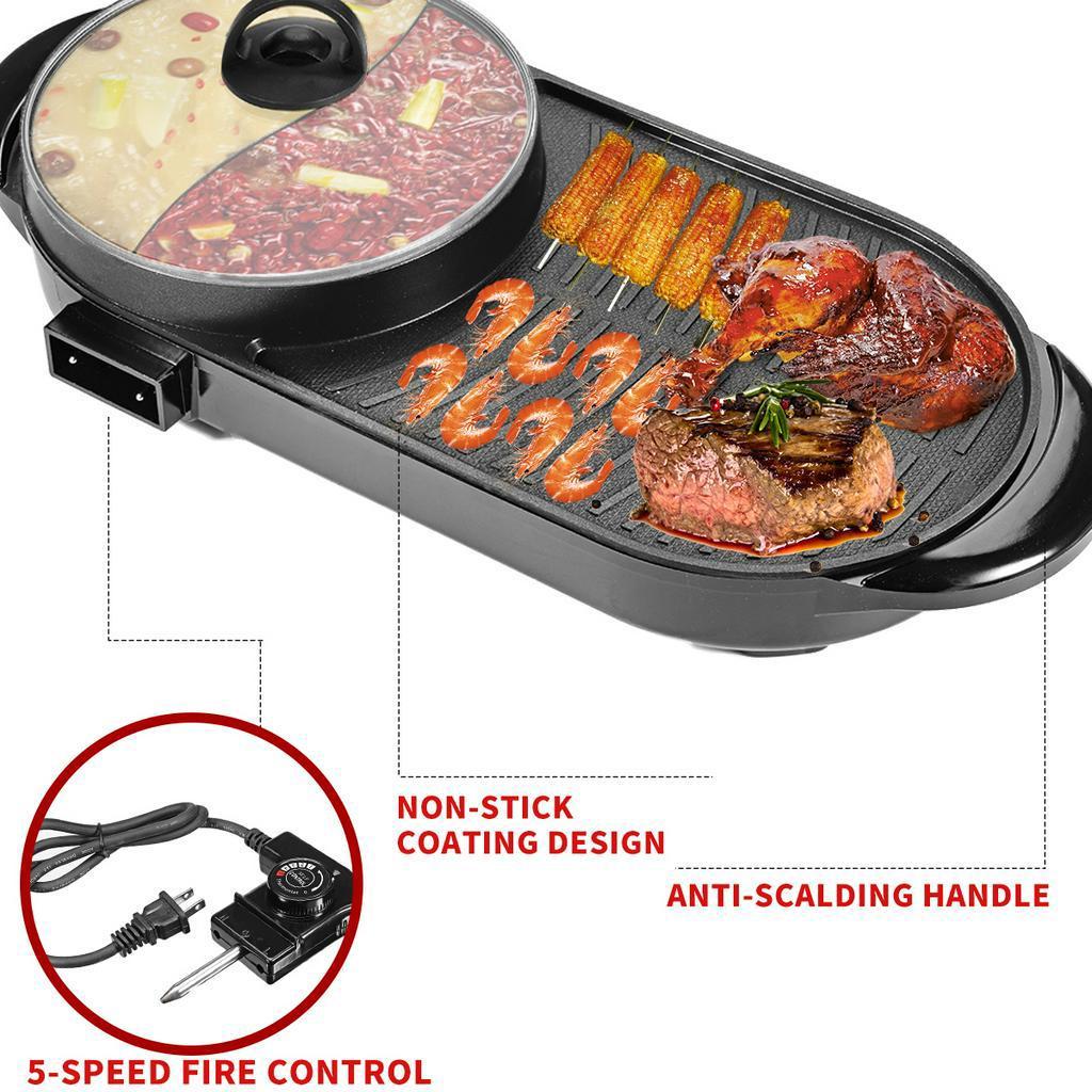 1200W 2 In 1 Larger Electric Hot Pot Oven Smokeless Barbecue Pan Shabu Pot Non-Stick BBQ Griddle Home Hotpot Baking Plate