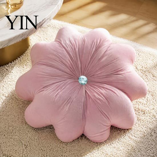Round Decorative Pillows for Bed Flower Throw Pillow, 18 Inch Floral Cushion, Velvet Accent Home Decor Pillow with Rhinestone Sofa Couch Chair Shaped