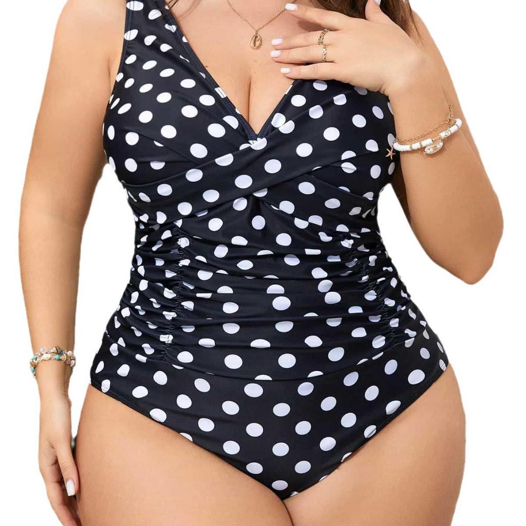 2025 Plus Size Polka Dot Backless One-Piece Swimsuit for Women