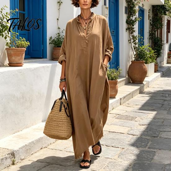 Beach Dress for Women Summer Maxi Women, V-Neck Casual Oversized Boho Long Elegant Dress, Sleeve Button Up Vacation Sundress with Pockets Lightweight