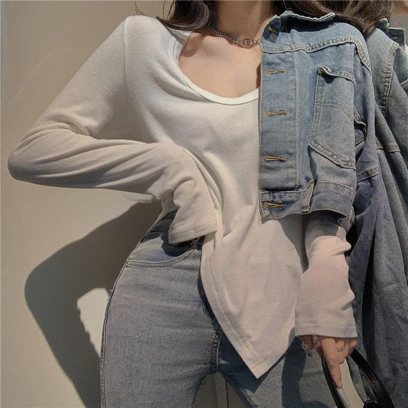 T-shirt Women Slim Sexy Low Neckline White Style Long Sleeve with A Base Shirt Autumn New Slim Top