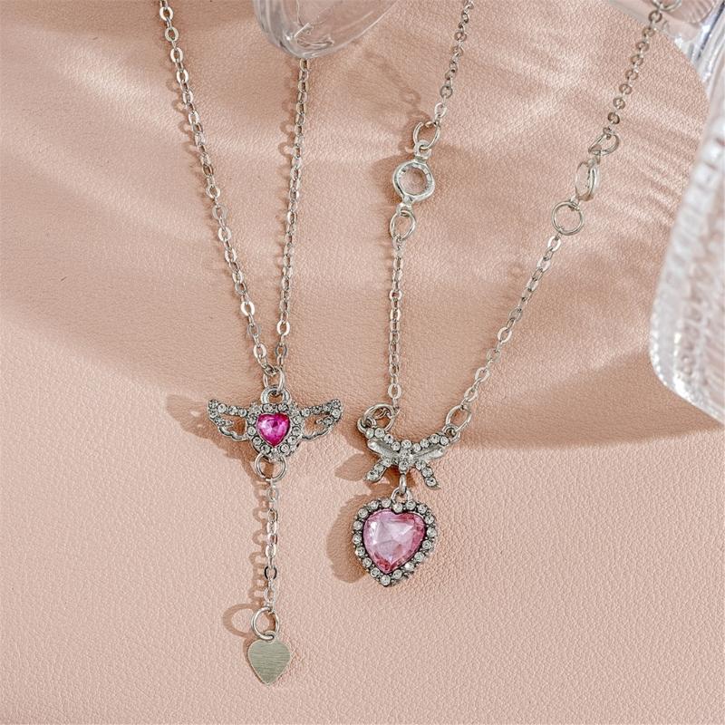 2pcs/set Zircon Heart Pendant Necklace Crystal Angel Wing Collarbone Chain for Women Girl Aesthetic Jewelry Long Chain