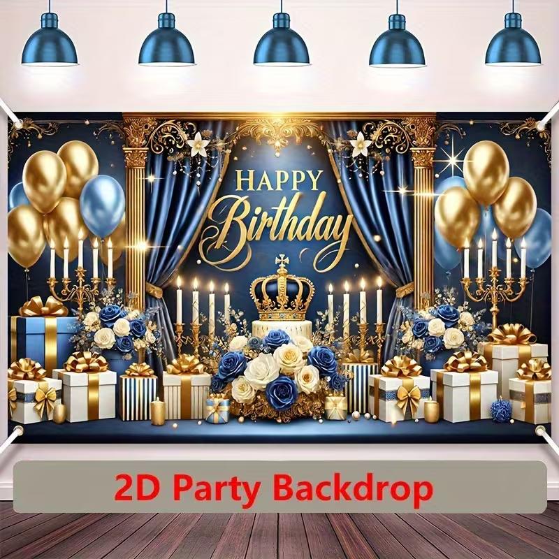 2D Happy Birthday Background Cloth Blue Gold with Candles, Gifts & Glitter Banner