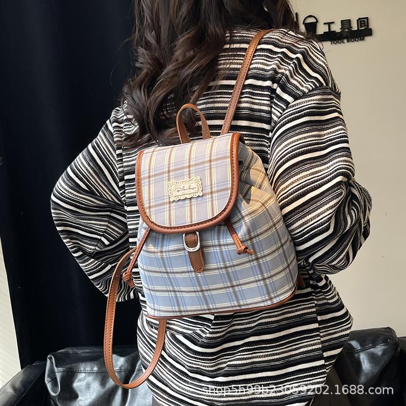 Niche Plaid Backpack Women's Retro College Style Casual Versatile Bucket Bag Fashion Student Commuter Backpack
