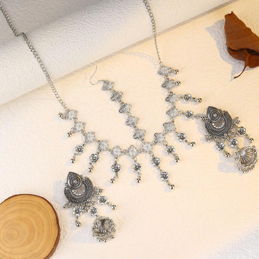 Bohemian Exotic Rhinestone Tassel Necklace & Earrings Set In Antiqued Alloy