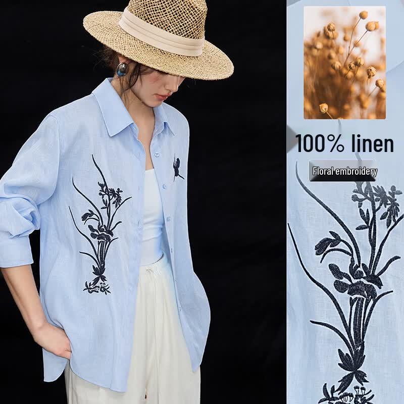 Wudao 100% Linen French Style Embroidered Women s Shirt M