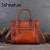 Johnature Retro Feather Embossed Handbag Genuine Leather Women Bag Large Capacity Real Cowhide Casual Shoulder Bags