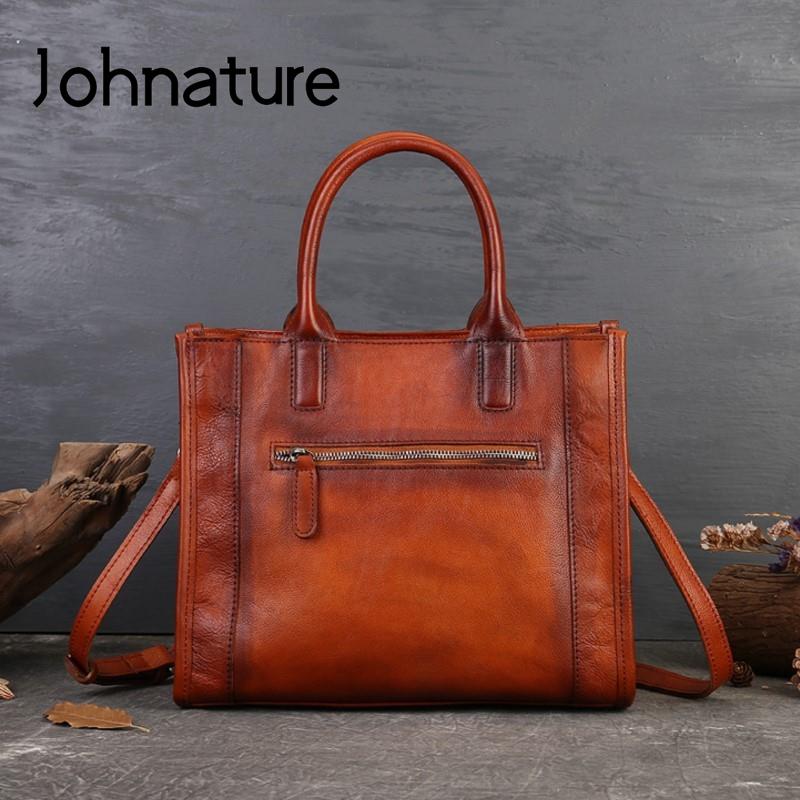 Johnature Retro Feather Embossed Handbag Genuine Leather Women Bag Large Capacity Real Cowhide Casual Shoulder Bags