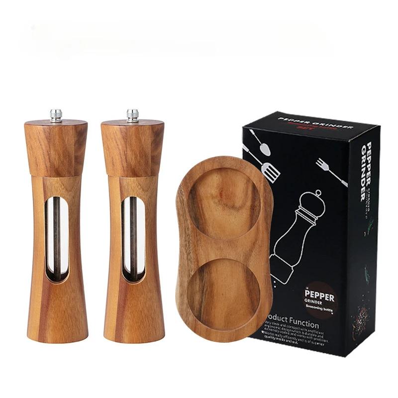 

2pcs 8inch Wooden Salt and Pepper Grinder with Base Ceramic Core Transparent Window Manual Pepper Mills Kitchen Tools & Gadgets