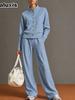 New Women's Solid Crew Neck Cardigan Sweatshirt Wide Leg Pants Set