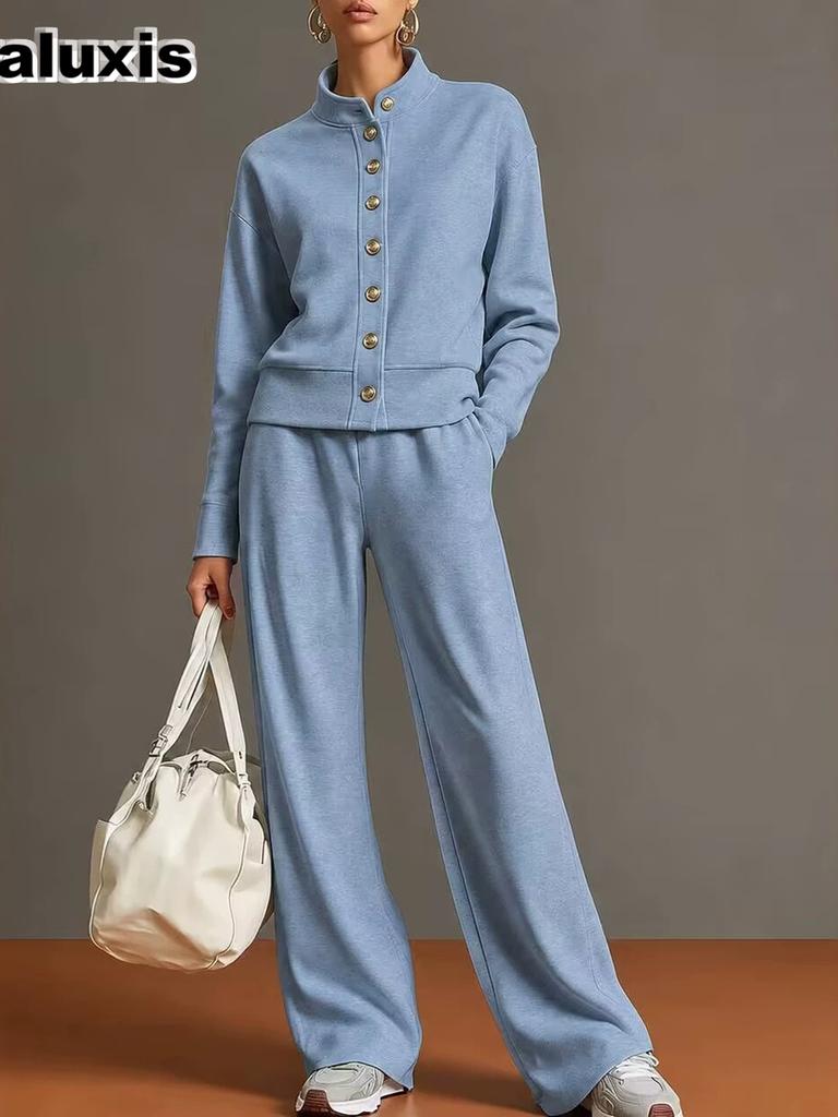 New Women's Solid Crew Neck Cardigan Sweatshirt Wide Leg Pants Set