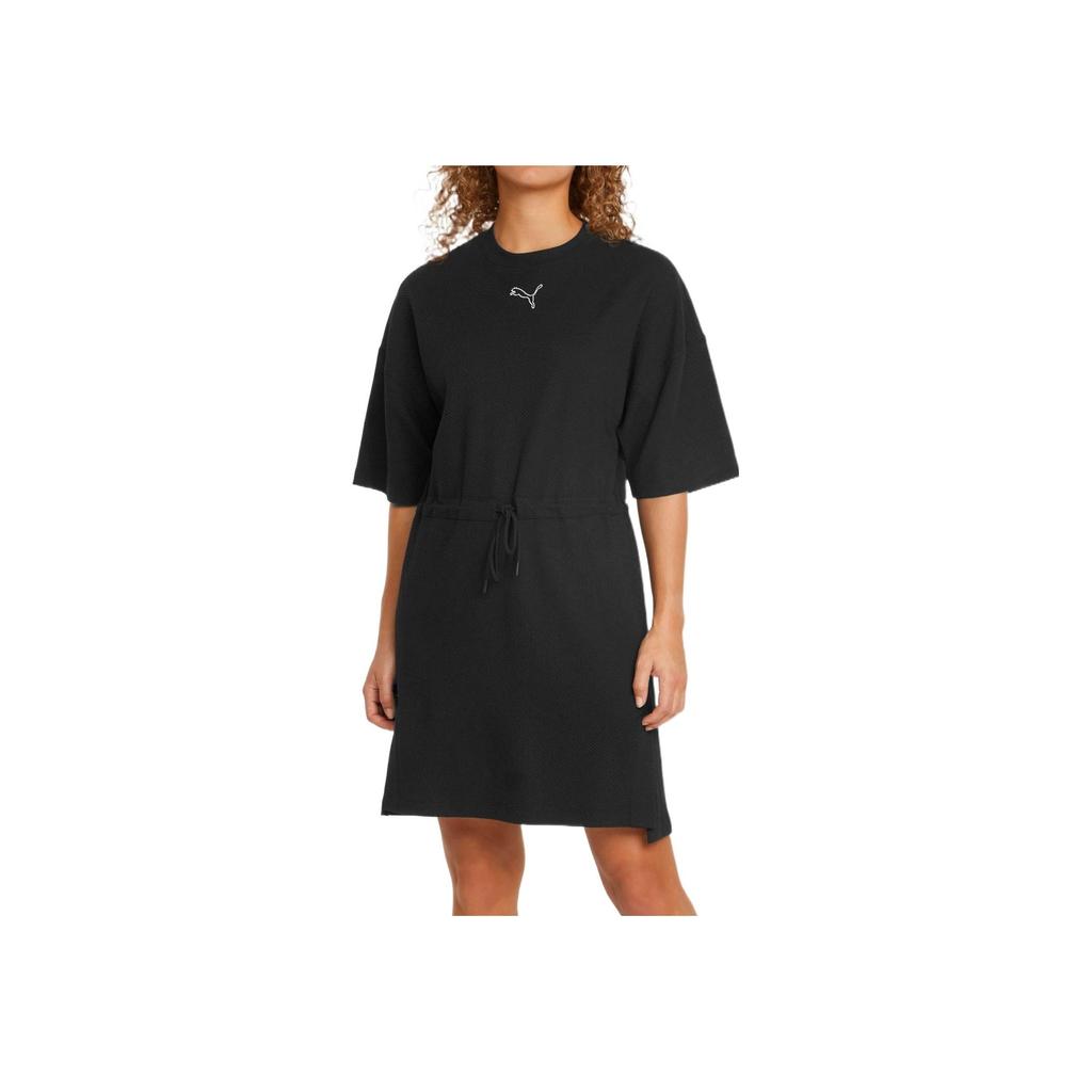 Puma Solid Color Logo Vintage Casual Embroidered Drawstring Breathable Round Neck Pullover Short Sleeve Dress Women Dresses Black 670955-01