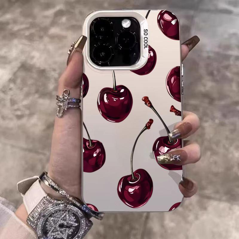 Cute Cherry Pattern Electroplate Silver IMD Phone Case For iPhone 17 16 15 14 13 12 11 Pro Max 17 Air 16E 7 8 Plus X XS XR Cover