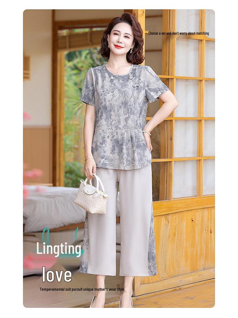 2025 Summer Chinese Style Top & Chiffon Short Sleeve Two-Piece Set for Middle-Aged Women