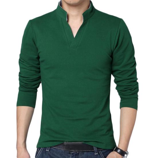 Solid Color Men Casual Stand Collar V Neck Long Sleeve T-Shirt Slim Fit Top