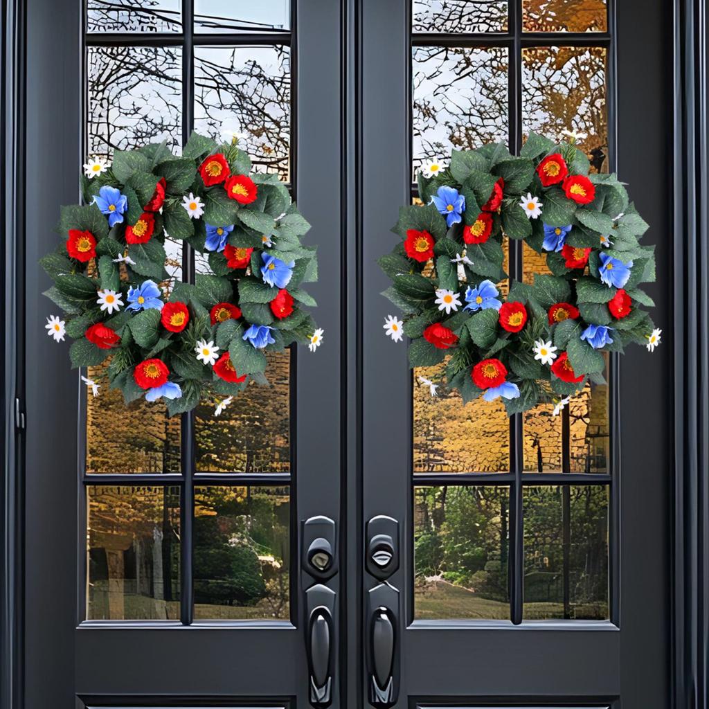 Independence Day Red And Blue Small Flower Wreath Window Wall Hanging Holiday Simulation Flower Deadwood Rattan Wreath Door Hanging