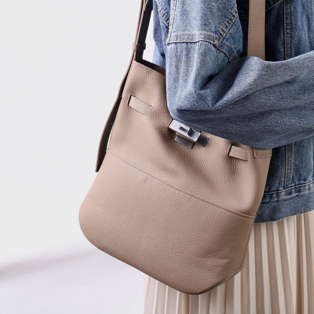 Kopfschicht Rindsleder Eimer Tasche Leinwand Große Kapazität Einfach Pendeln Vielseitig Crossbody Einzelne Schulter
