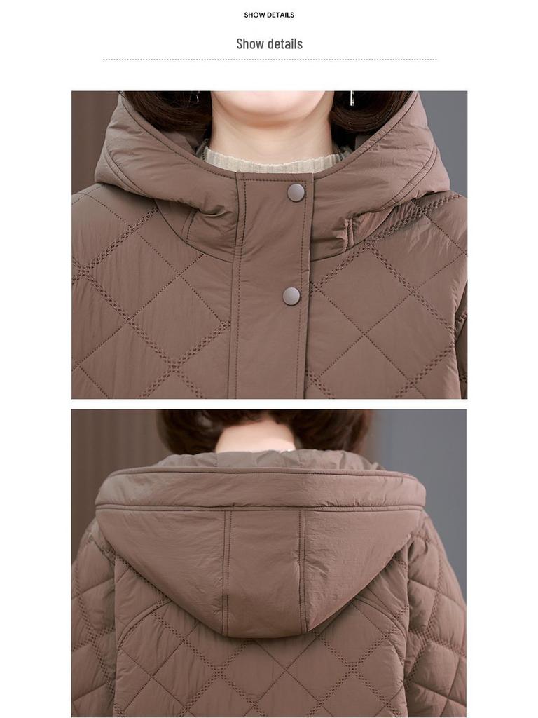 Damen Winter 2024 Rautenmuster Kapuzen Daunen Baumwollmantel für Mütter mittleren Alters