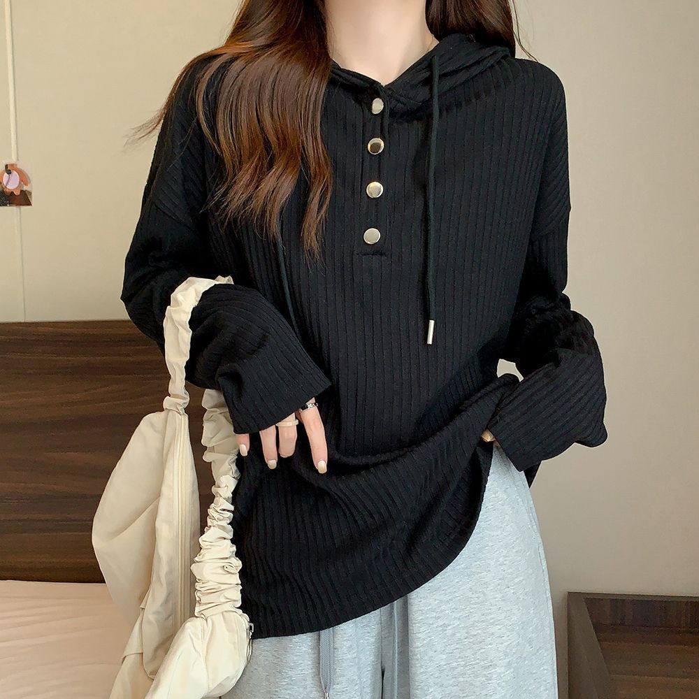 Fat Girl Pit Strip Hooded T-shirt Women's Design Loose Long-sleeved Bottoming Slimming Cover Trendy Top