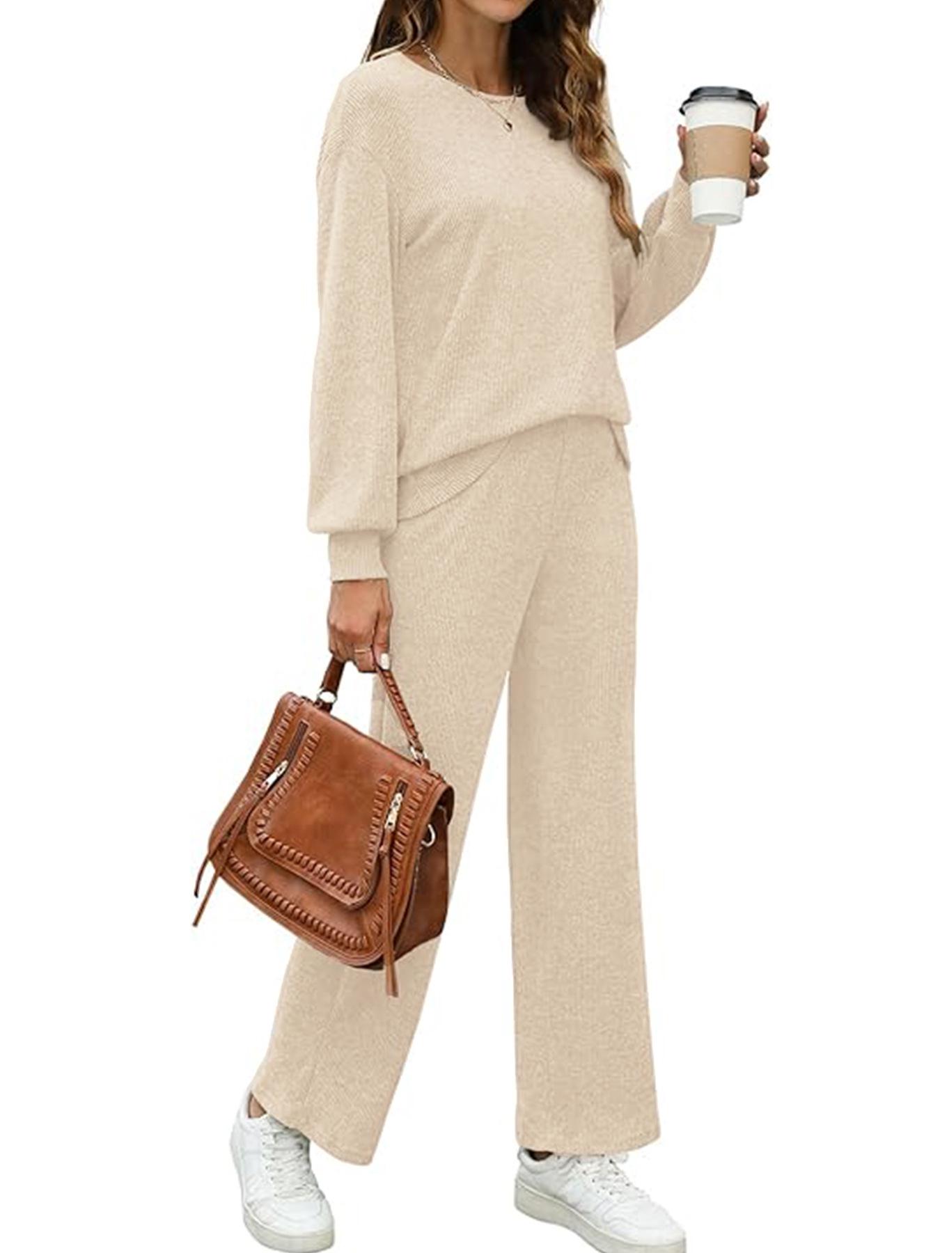 

2025 Autumn/Winter Women s Solid Color Starry Sky Ribbed Two-Piece Loungewear Set S абрикосовий