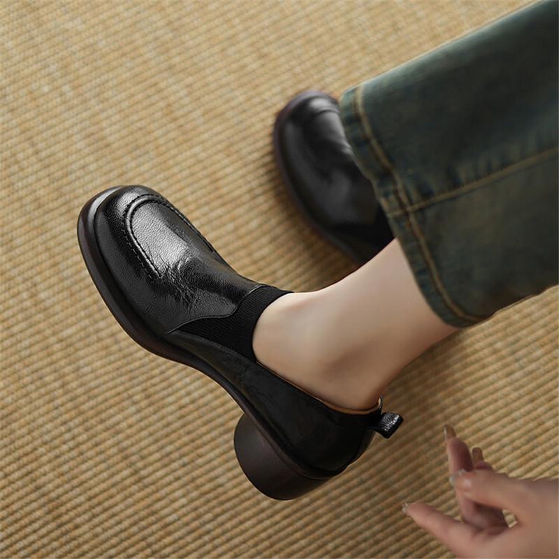 Fashion New Autumn Genuine Leather Women Pumps Fashion Round Toe Shoes for Women Chunky Heel Loafers Zapatos De Mujer Women Shoes Brown