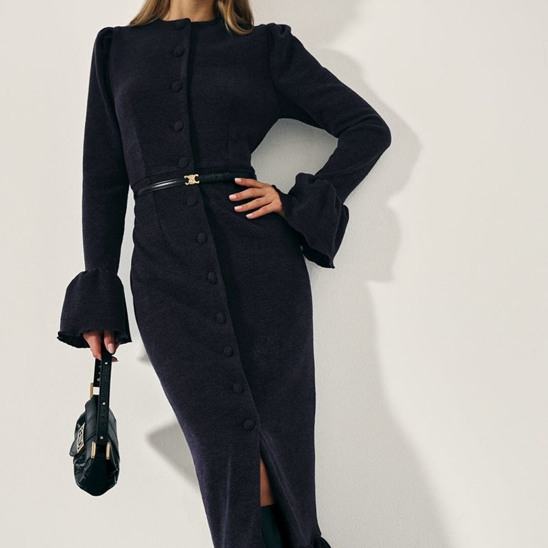 

Foreign Trade Women clothes New round Neck Bell Sleeve Single Breasted French style Dress Commuter Style Temperament Elegant Black Long dress Black L