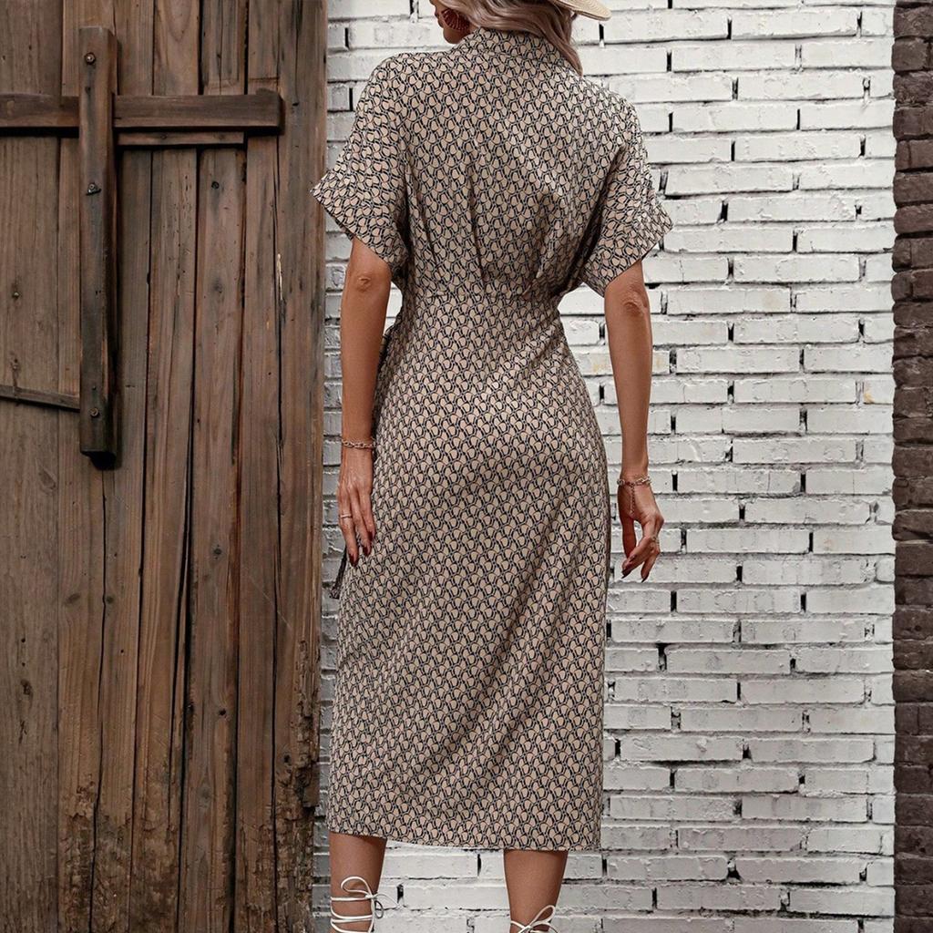 Ladies' Summer Printed Long Dress Casual And Fashionable Waist Cinching V-neck Short Sleeved Comfortable Dress