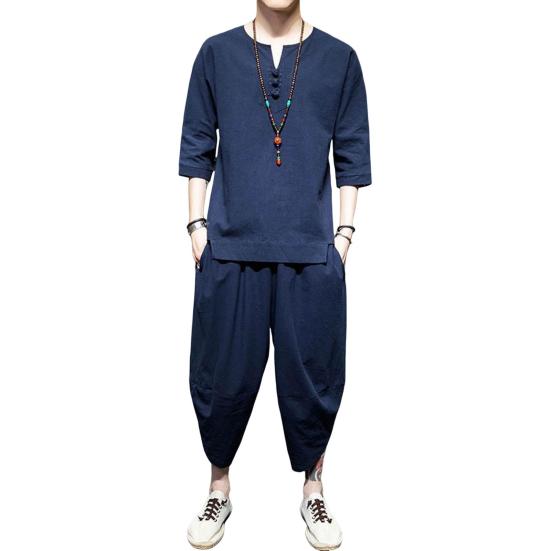 Set 2 Pezzi/Set Abito Stile Cinese Girocollo Fibbia a Disco Mezza Abbottonatura Maniche 3/4 Top Pantaloni Lunghi Set Tinta Unita Abito da Uomo