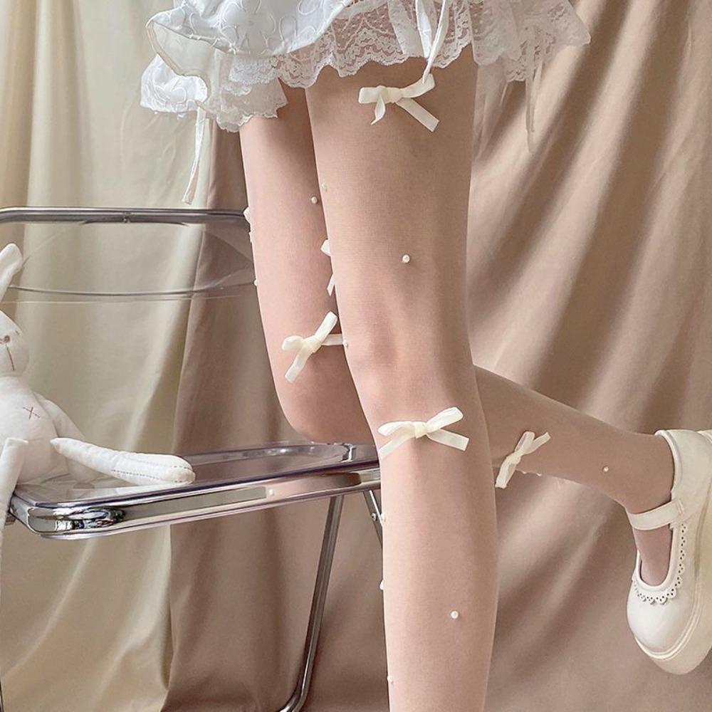 Sweet Velvet Nylon Comfortable Women Bow Tights Ultra-thin Pantyhose Female Stockings Pearl
