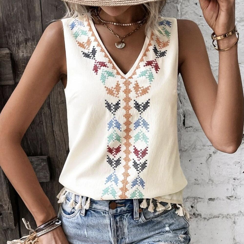 

2024 Европейский и американский трансграничный женский летний жилет с бородой в этническом стиле с v-образным вырезом и вышивкой по краю Amazon, 2024 г. S бежевый