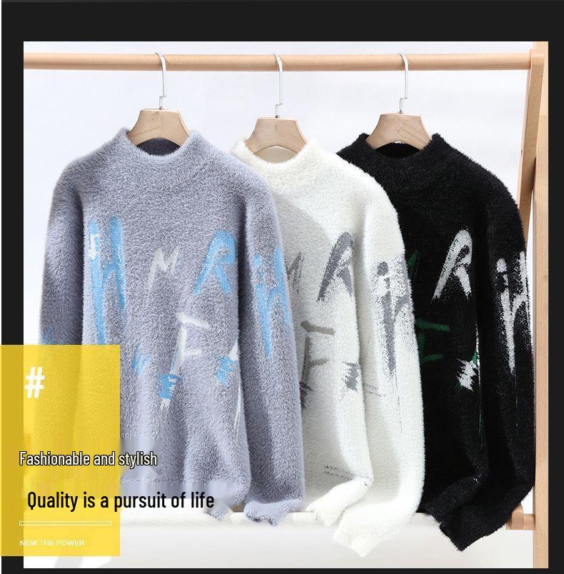 Men's Mink Velvet Half-High Collar Sweater - Autumn/Winter Fleece-Lined, Thick, Warm, Soft Fluffy Yarn.