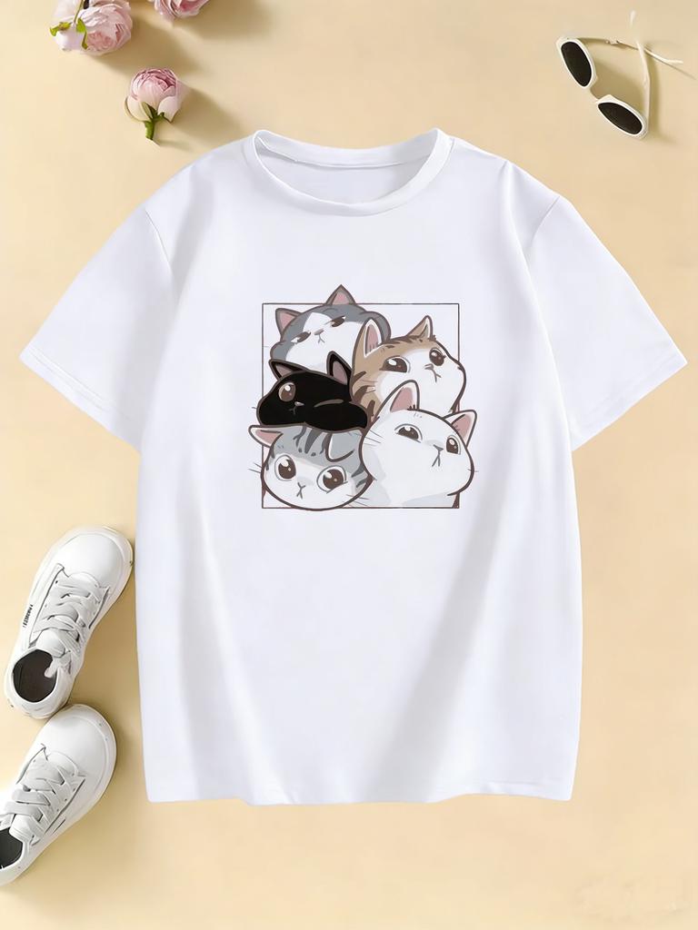 Y2K Cute Cat Graphic Kids Tshirts Summer Short Sleeve Tees Cartoon Animal Boys Girls Clothes Kawaii Kitten Tops Tshirt